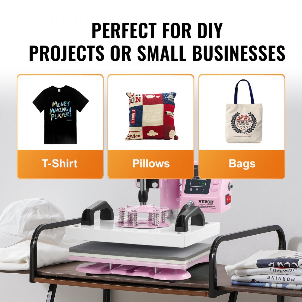 VEVOR Heat Press, 12 x 10inch Heat Press Machine, 360° Swing Away T-Shirt Pressing Machine, Fast and Even Heating, Digital Precise Control, Heat Transfer Machine for T-Shirts/Pillows/Bags, Pink
