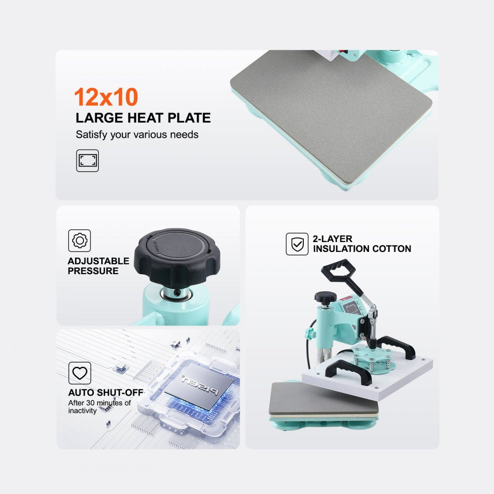VEVOR Heat Press, 12 x 10inch Heat Press Machine, 360° Swing Away T-Shirt Pressing Machine, Fast and Even Heating, Digital Precise Control, Heat Transfer Machine for T-Shirts/Pillows/Bags, Green