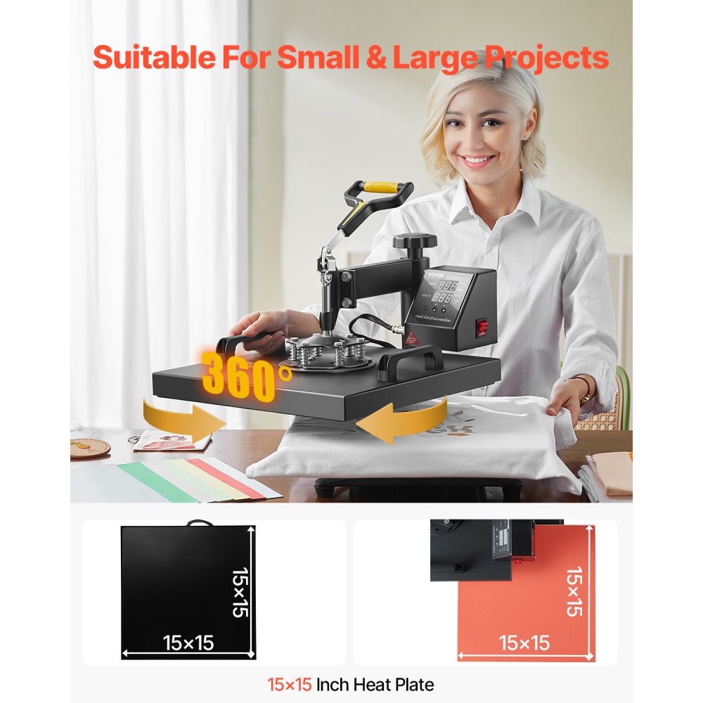 VEVOR Heat Press Machine 15 x 15 Inch 2 in 1 Heat Transfer Machine Black, for T-Shirts/Hats/Caps, with Hat Press, 360° Swing Away T-Shirt Pressing, Digital Precise Control, Fast and Even Heating