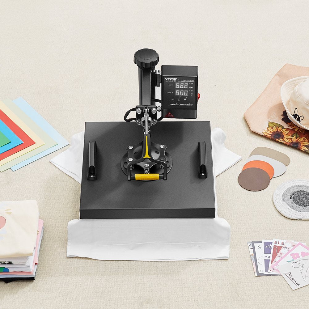 VEVOR Heat Press Machine 15 x 15 Inch 2 in 1 Heat Transfer Machine Black, for T-Shirts/Hats/Caps, with Hat Press, 360° Swing Away T-Shirt Pressing, Digital Precise Control, Fast and Even Heating