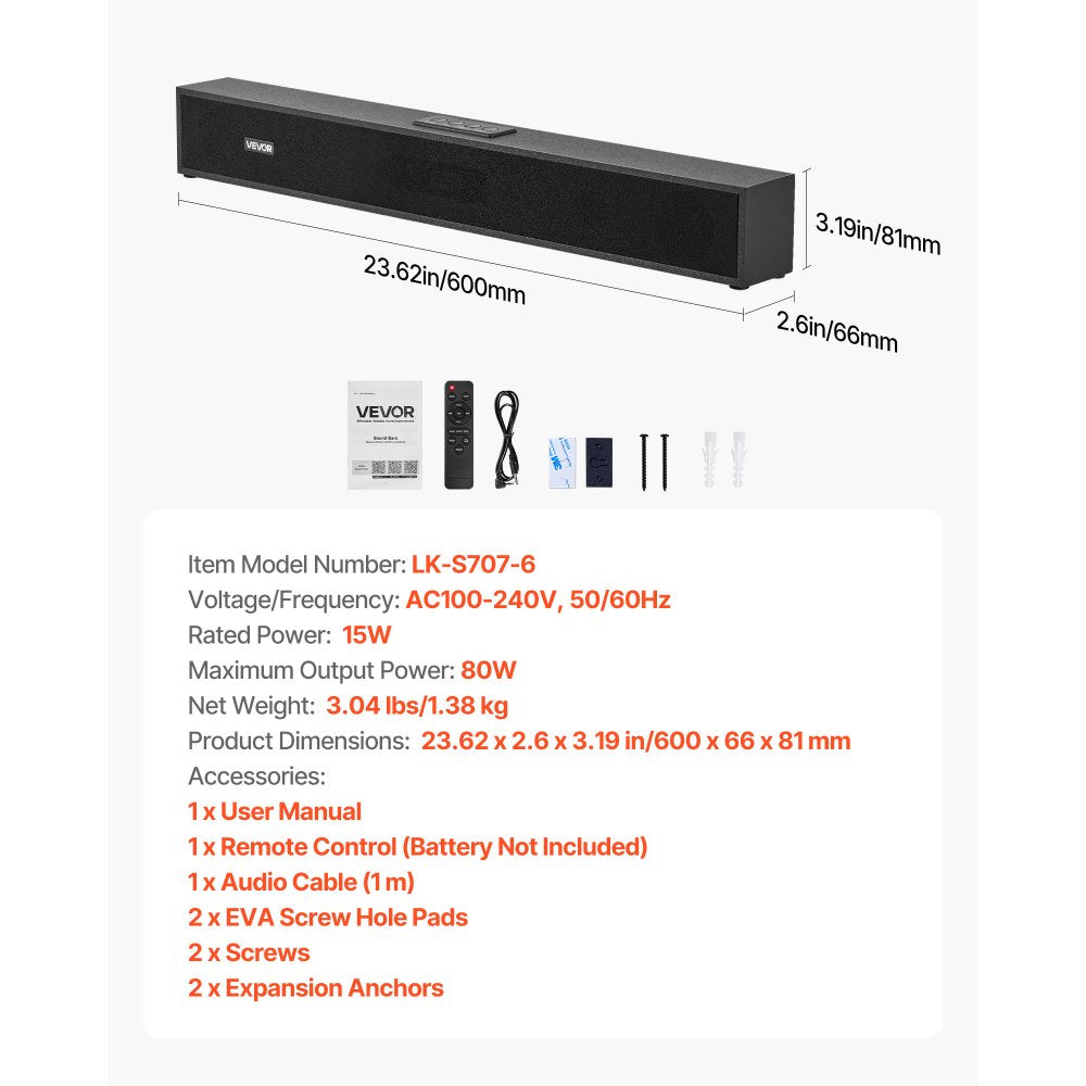 VEVOR Sound Bar for Smart TV, 2.0 Channel, 24-Inch Compact Soundbar TV Speakers for Projector, Bluetooth AUX Connection, Remote Control, Easy Setup, 80W Surround Sound System for PC Home Theater Audio