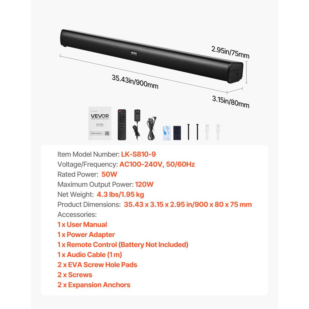 VEVOR Sound Bar for Smart TV, 2.1 Channel, 35-Inch Compact Soundbar TV Speakers with Built-In Subwoofer for Projector, Bluetooth AUX Connection, Easy Setup, 120W Surround Sound System for Home Audio