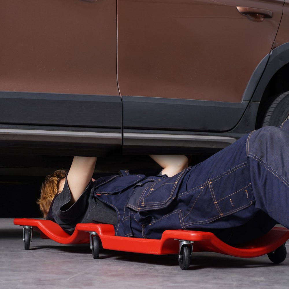 VEVOR Mechanic Plastic Creeper, 36-Inch, 350 lbs Capacity Automotive Rolling Garage Creeper with Molded Ergonomic HDPE Body Padded Headrest & Dual Tool Trays 6 Wheels, for Garage Shop Auto Repair