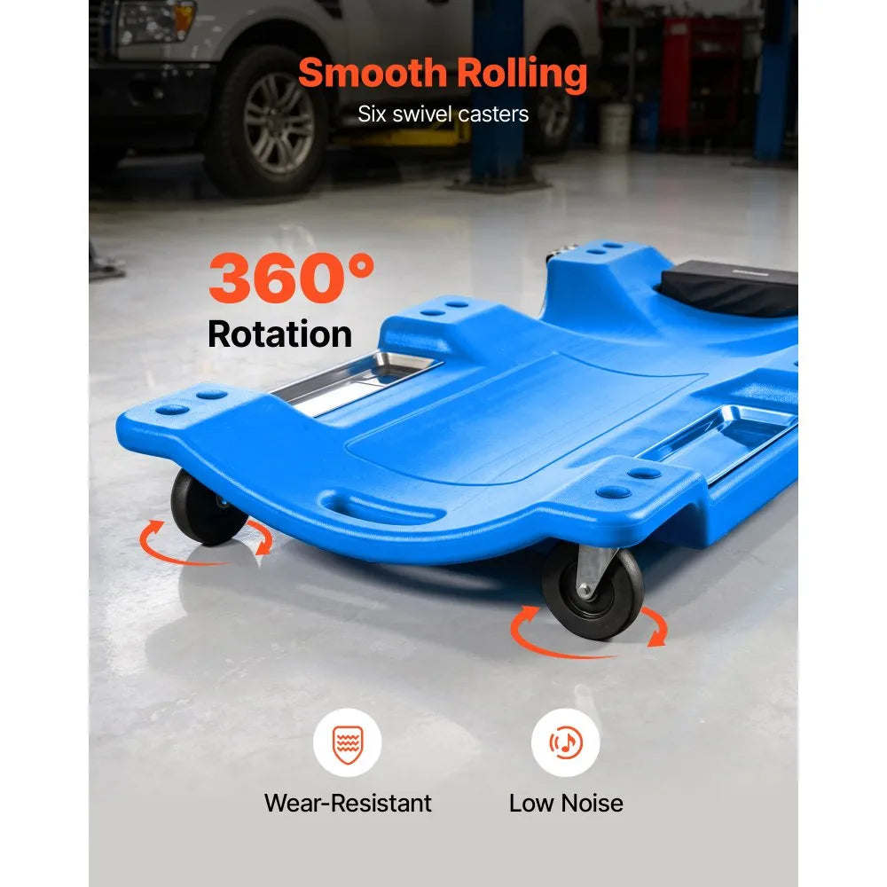 VEVOR 40 in Mechanic Creeper with LED Light, Low Profile Plastic Garage Creeper, 350 lbs Under Car Rolling Creeper with 6 Swivel Casters, Padded Headrest & Tool Trays for Auto Repair