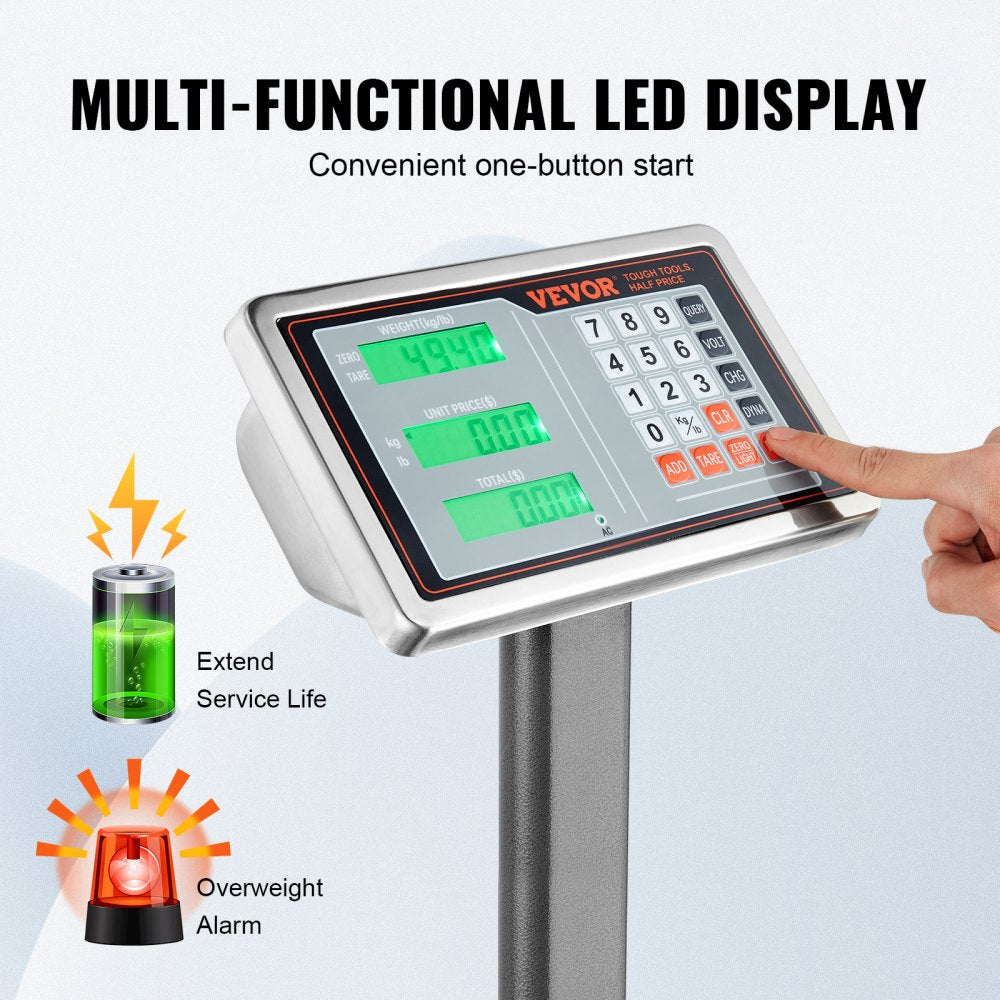 VEVOR Computing Digital Platform Scale, 660 lbs Load, 0.1 lbs Accuracy Computing Floor Scale with LB/KG, Tare, Price Calculator, Stainless Steel High-Definition Display for Boxes, Luggages, FCC Listed