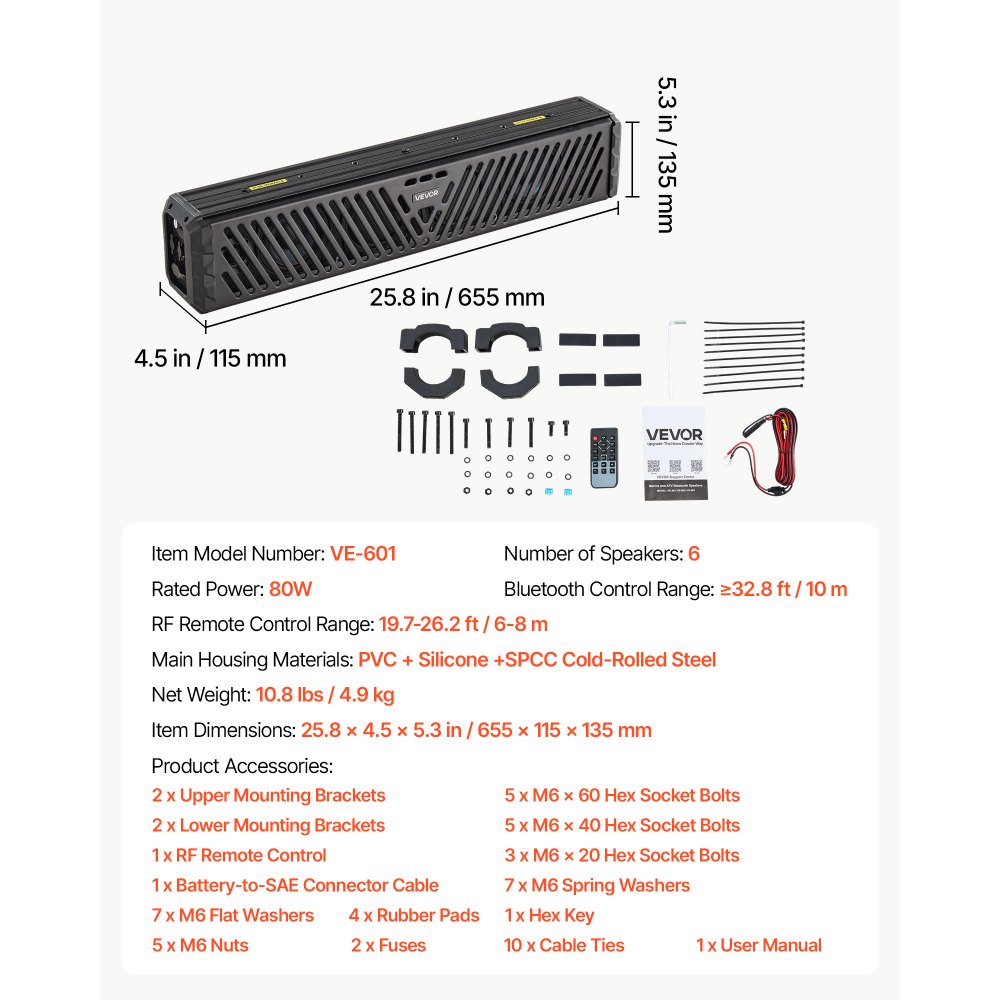 VEVOR UTV Sound Bar 25.8 Inch 6-Speaker Golf Cart Soundbar with Bluetooth, for UTVs ATVs Golf Carts Boats, Support Bluetooth USB AUX IN RF Remote, with RGB Multicolor Illumination, IP65 Waterproof
