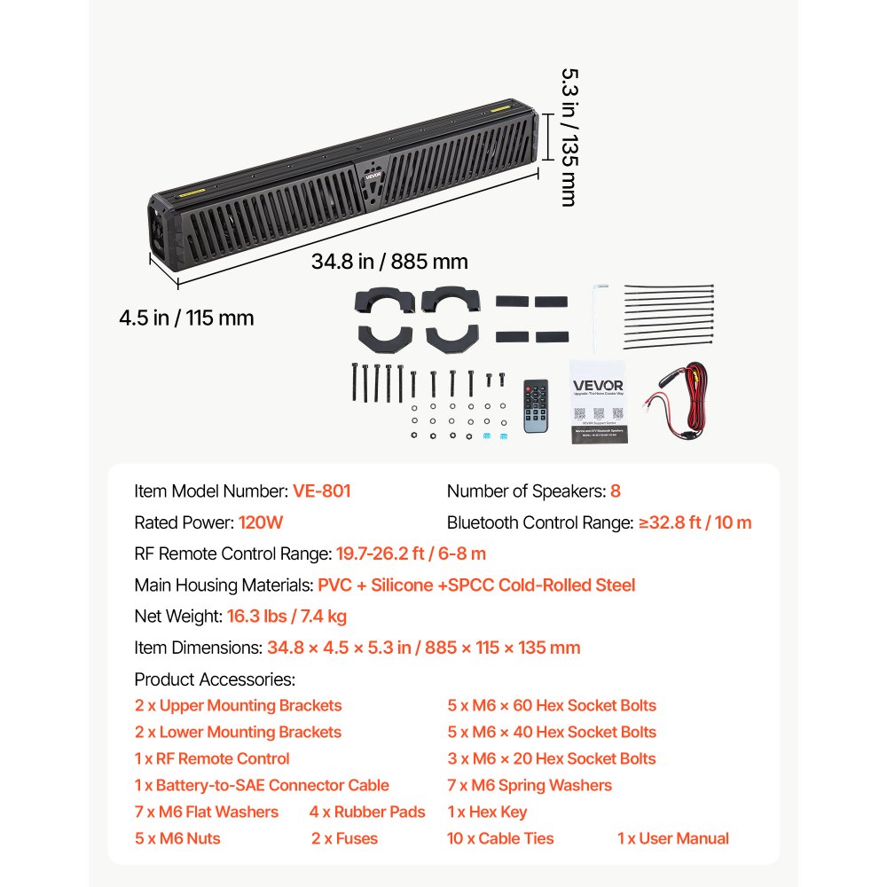 VEVOR UTV Sound Bar 34.8 Inch 8-Speaker Golf Cart Soundbar with Bluetooth, for UTVs ATVs Golf Carts Boats, Support Bluetooth USB AUX IN RF Remote, with RGB Multicolor Illumination, IP65 Waterproof