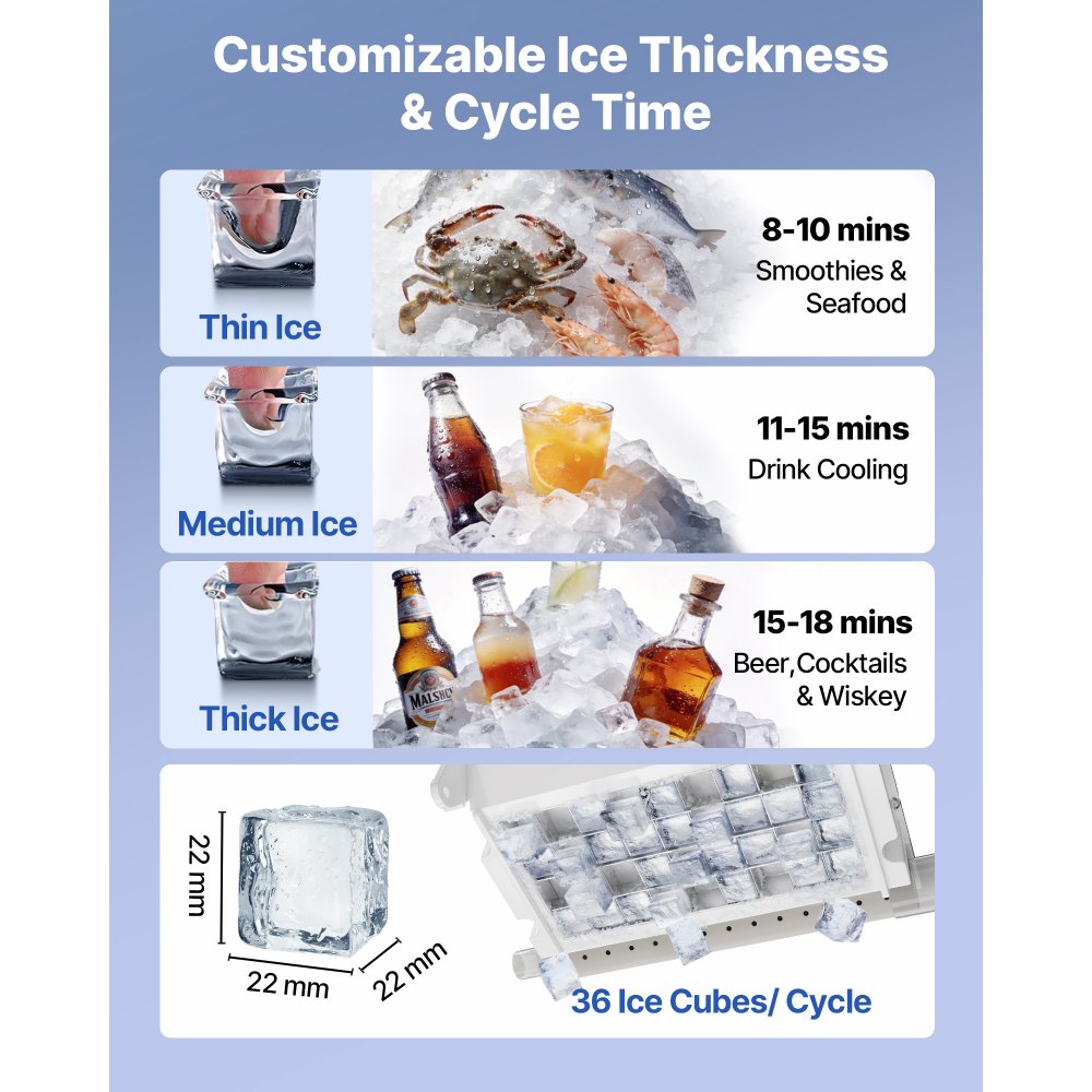 VEVOR Commercial Ice Maker Machine infographic - customizable ice thickness and cycle time