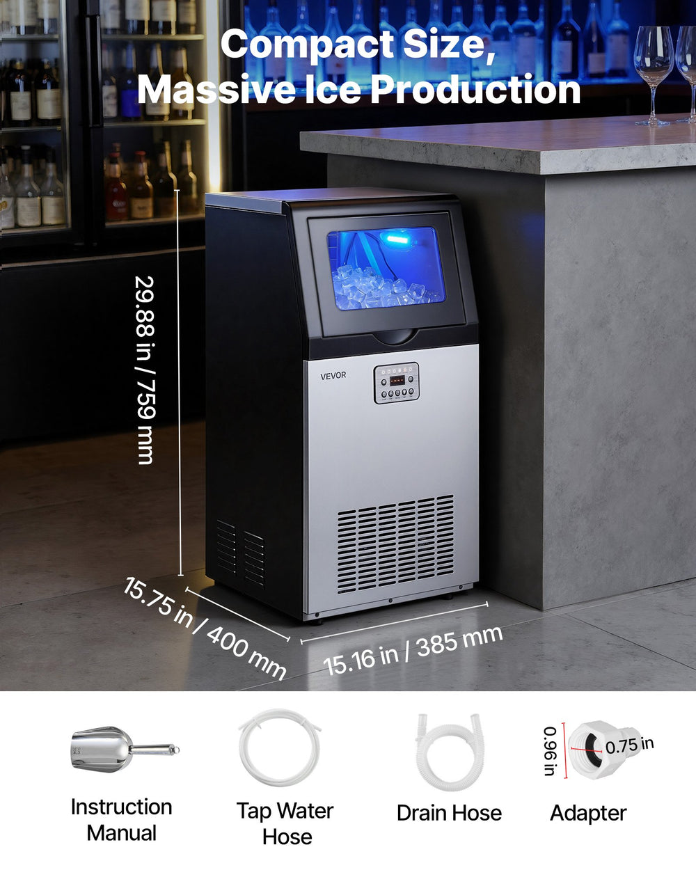 VEVOR Commercial Ice Maker Machine infographic - dimensions and included accessories