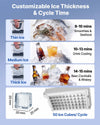 VEVOR Commercial Ice Maker adjustable ice thickness and cycle time infographic (0.8 in / 20 mm cubes, 50 cubes per cycle)