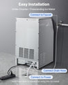 VEVOR Commercial Ice Maker installation infographic (connect to faucet, drain hose, power)