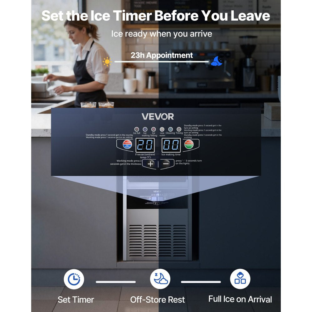 VEVOR Commercial Ice Maker Machine, 150 lbs/24h with 30 lbs Storage Capacity, Built-in/Freestanding/Under Counter, Stainless Steel Ice Maker with LED Display & Self-Cleaning, for Home Bar Restaurant