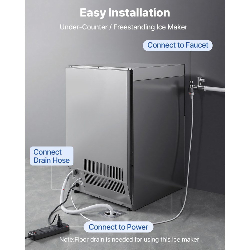 VEVOR Commercial Ice Maker Machine, 200 lbs/24h with 50 lbs Storage Capacity, Built-in/Freestanding/Under Counter, Stainless Steel Ice Maker with LED Display & Self-Cleaning, for Home Bar Restaurant
