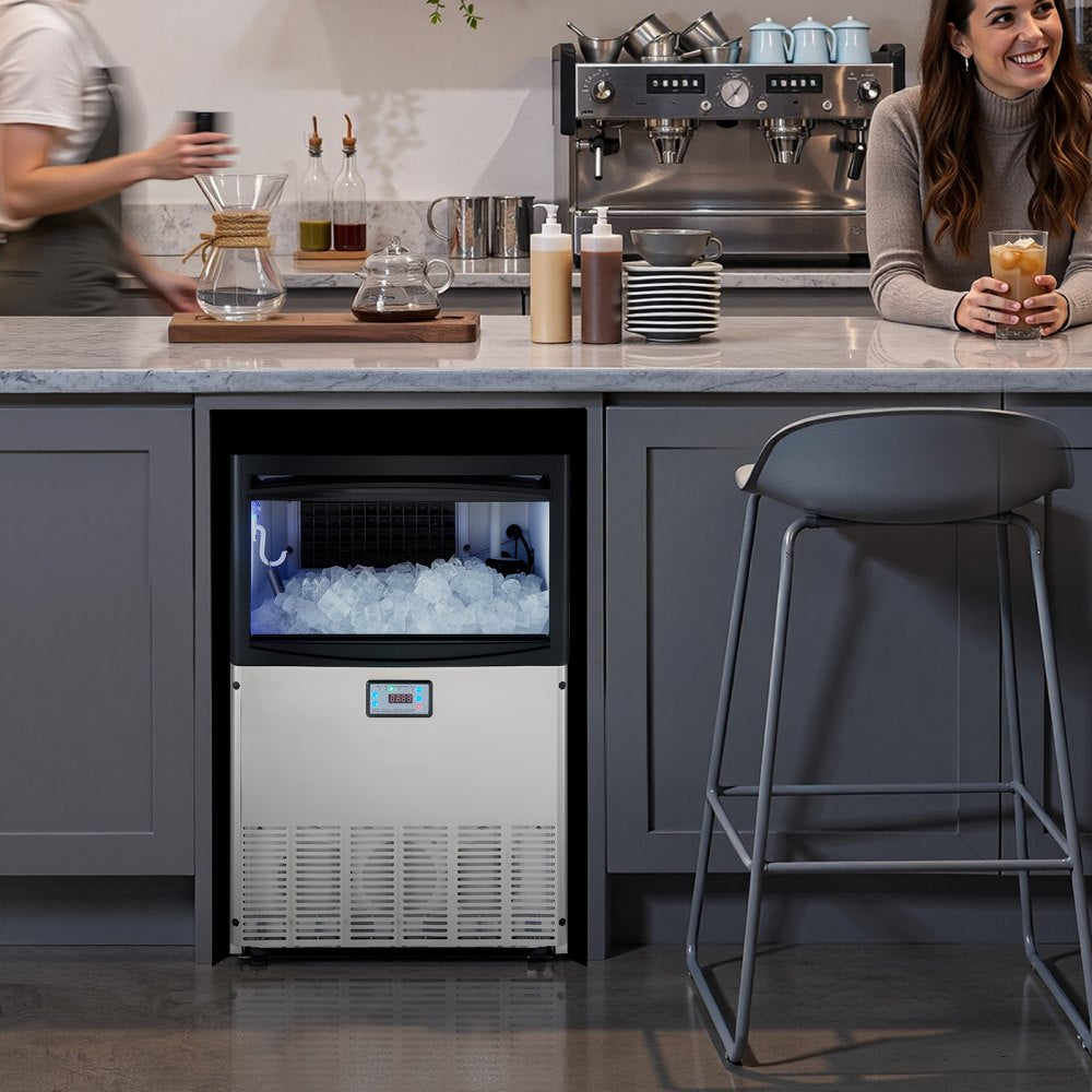 VEVOR Commercial Ice Maker Machine, 200 lbs/24h with 50 lbs Storage Capacity, Built-in/Freestanding/Under Counter, Stainless Steel Ice Maker with LED Display & Self-Cleaning, for Home Bar Restaurant