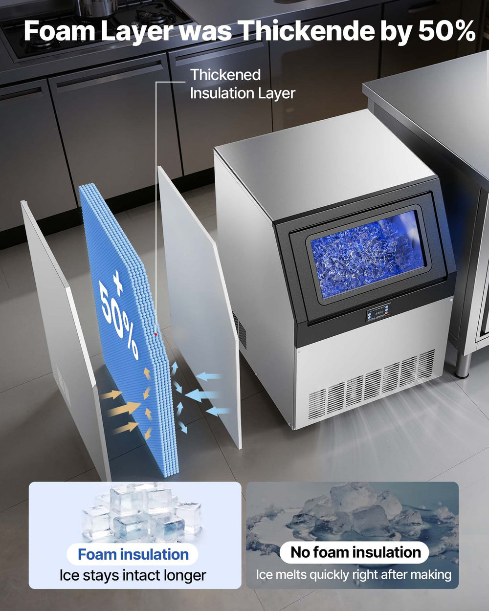 VEVOR Commercial Ice Maker Machine, 265 lbs/24h with 85 lbs Storage Capacity, Built-in/Freestanding/Under Counter, Stainless Steel Ice Maker with LED Display & Self-Cleaning, for Home Bar Restaurant