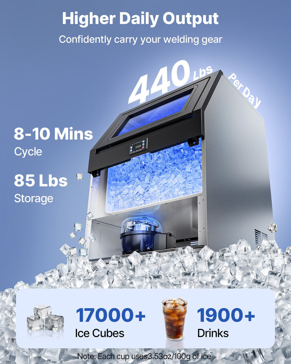 VEVOR Commercial Ice Maker - higher daily output 440 lbs/day, 85 lbs storage