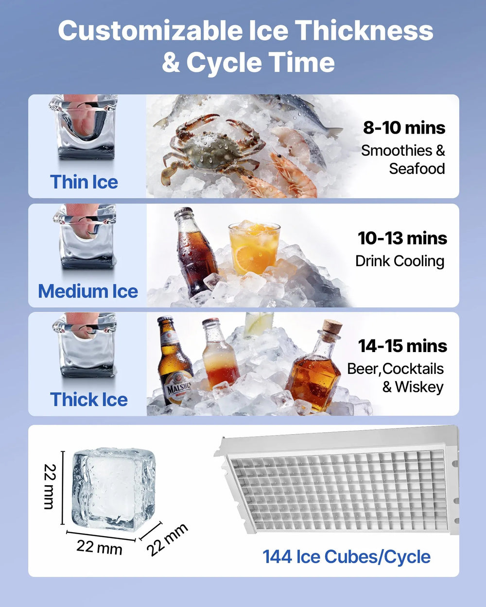 VEVOR Commercial Ice Maker - customizable ice thickness and cycle time, 144 cubes per cycle
