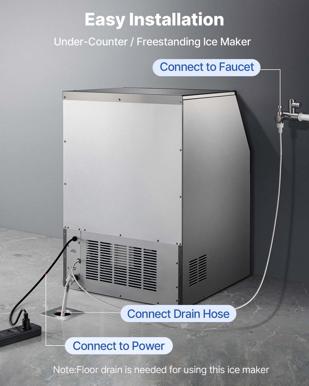 VEVOR Commercial Ice Maker - installation connections (faucet, drain hose, power)
