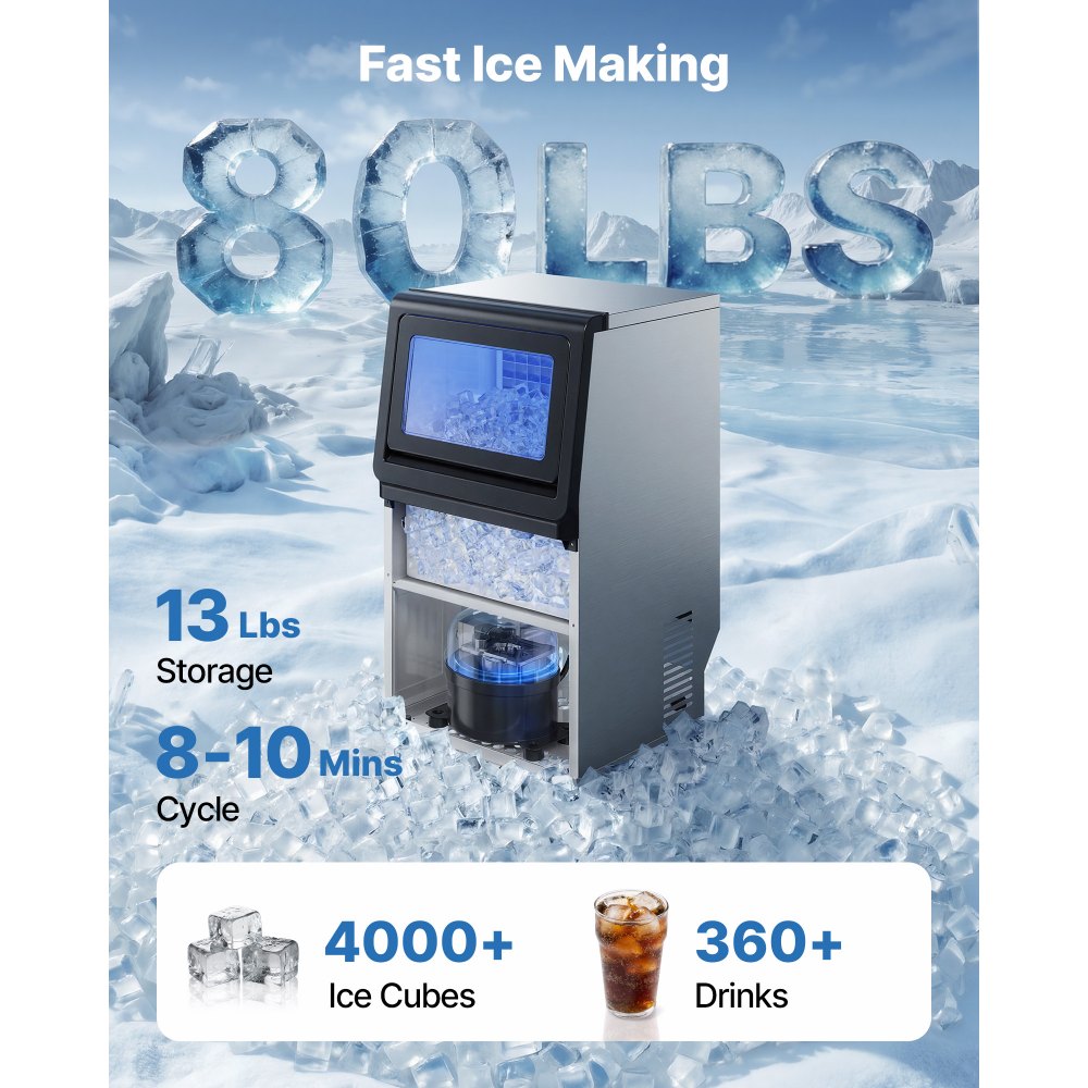 VEVOR Commercial Ice Maker Machine, 80 lbs/24h with 13 lbs Storage Capacity, Countertop/Freestanding/Under Counter, Stainless Steel Ice Maker with LED Display & Self-Cleaning, for Home Bar Restaurant
