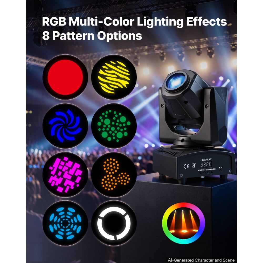 VEVOR LED Moving Head Light, 30W RGB Stage Light DJ Lighting Black 1 Pack, Spotlight for Weddings, Parties, Events, Live Show, 8 Gobos & 8 Color, 540° Pan & 270° Tilt, DMX Control, Sound Activated