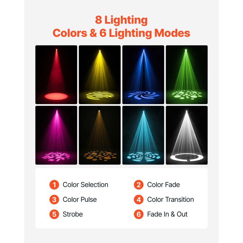 VEVOR LED Moving Head Light, 30W RGB Stage Light DJ Lighting Black 1 Pack, Spotlight for Weddings, Parties, Events, Live Show, 8 Gobos & 8 Color, 540° Pan & 270° Tilt, DMX Control, Sound Activated