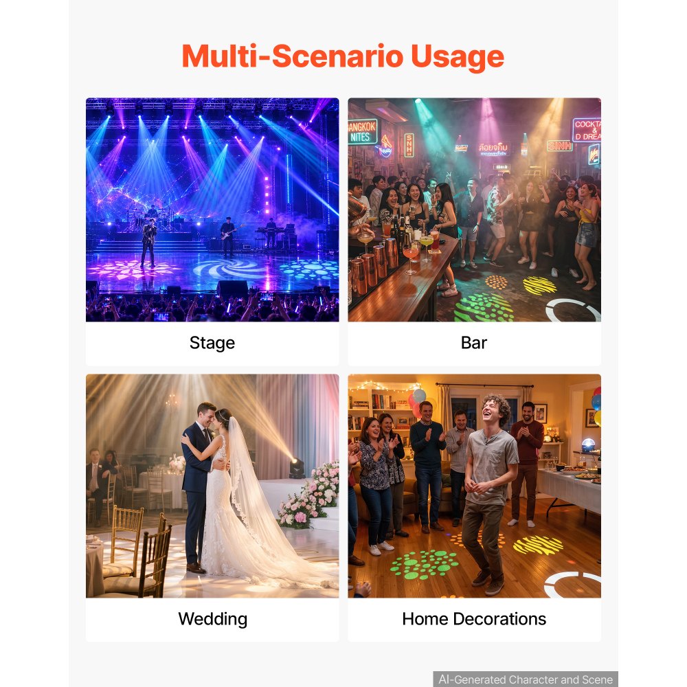 VEVOR LED Moving Head Light, 30W RGB Stage Light DJ Lighting Black 1 Pack, Spotlight for Weddings, Parties, Events, Live Show, 8 Gobos & 8 Color, 540° Pan & 270° Tilt, DMX Control, Sound Activated