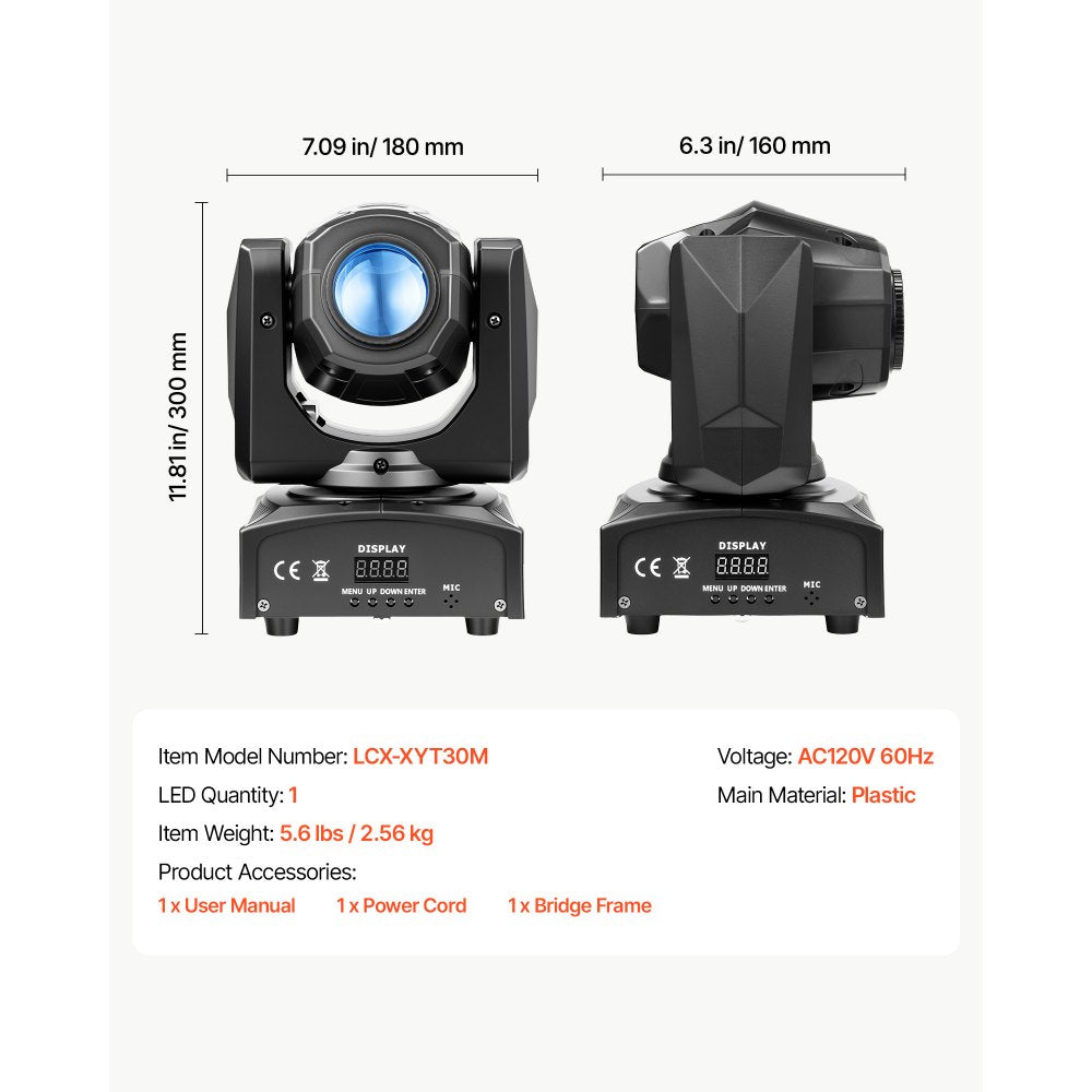 VEVOR LED Moving Head Light, 30W RGB Stage Light DJ Lighting Black 1 Pack, Spotlight for Weddings, Parties, Events, Live Show, 8 Gobos & 8 Color, 540° Pan & 270° Tilt, DMX Control, Sound Activated