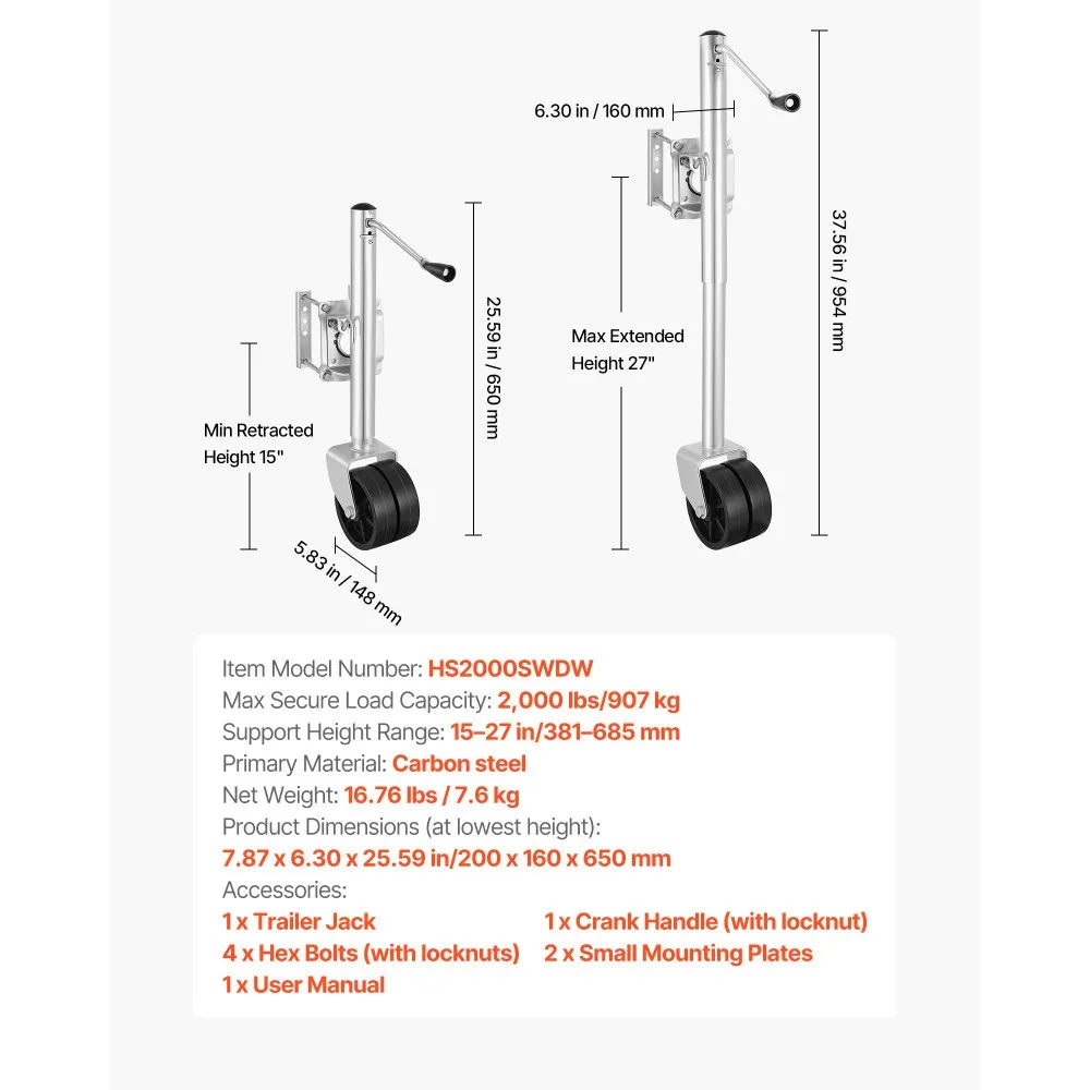VEVOR Trailer Jack with Wheel, 2000 lbs Load Capacity, Heavy Duty Swivel Boat Trailer Jack with PP Dual Wheel & Ergonomic Handle, 15-27 Inch Lift Range, Fit for RVs, Boats and Utility Trailers