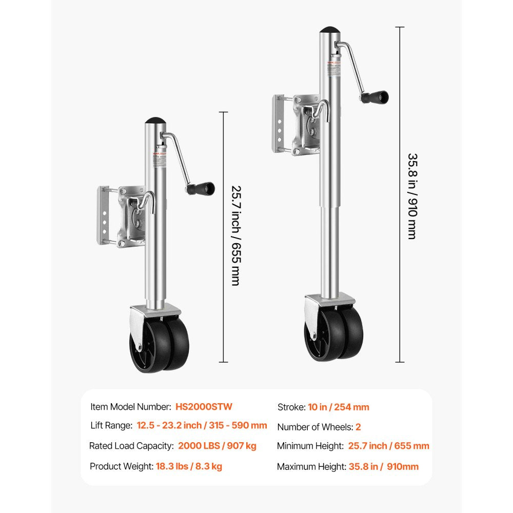 VEVOR Trailer Jack with Wheel, 2000 lbs Load Capacity, Heavy Duty Swivel Boat Trailer Jack with PP Single Wheel & Ergonomic Handle, 12-inch Lift, Fit for RVs, Boats, Horse Trailers, Utility Trailers