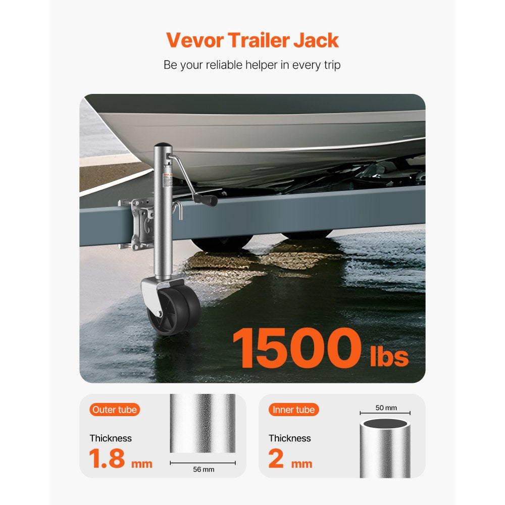 VEVOR Trailer Jack with Wheel, 1500 lbs Load Capacity, Heavy Duty Swivel Boat Trailer Jack with PP Single Wheel & Ergonomic Handle, 12-inch Lift, Fit for RVs, Boats, Horse Trailers, Utility Trailers
