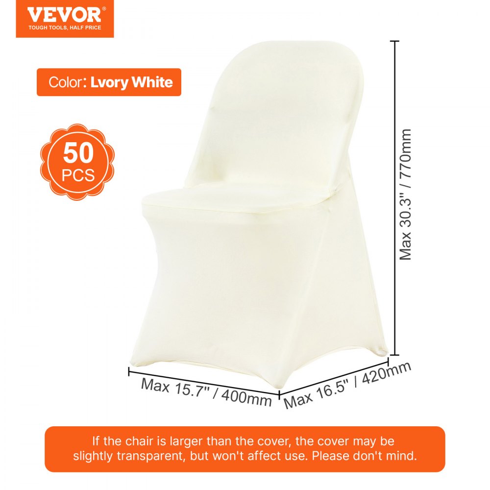 VEVOR Stretch Spandex Folding Chair Covers, Universal Fitted Chair Cover, Removable Washable Protective Slipcovers, for Wedding, Holiday, Banquet, Party, Celebration, Dining (50PCS Ivory White)