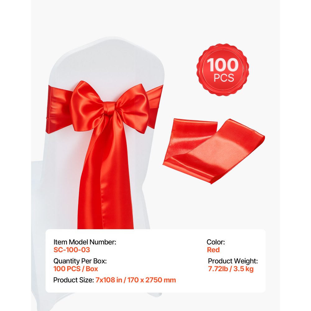 VEVOR Satin Chair Sashes Bows, 100PCS Chair Ribbon Ties Back Sash, 7 x 108 inch, Red Wedding Reception Decoration, for Wedding Ceremony Baby Shower Party Events Banquet Chair Cover Decoration