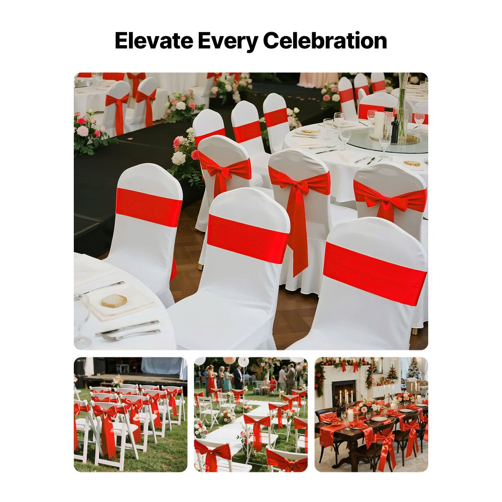 VEVOR Satin Chair Sashes Bows, 50PCS Chair Ribbon Ties Back Sash, 7 x 108 inch, Red Wedding Reception Decoration, for Wedding Ceremony Baby Shower Party Events Banquet Chair Cover Decoration