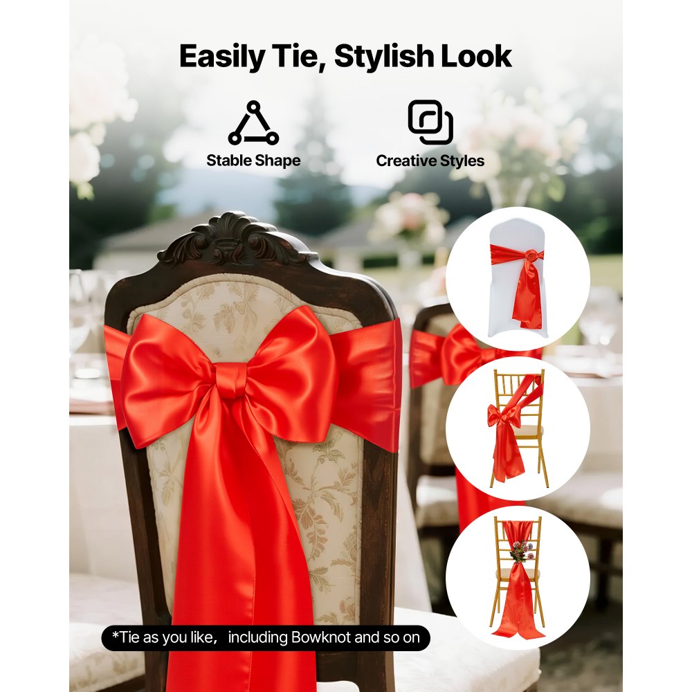 VEVOR Satin Chair Sashes Bows, 50PCS Chair Ribbon Ties Back Sash, 7 x 108 inch, Red Wedding Reception Decoration, for Wedding Ceremony Baby Shower Party Events Banquet Chair Cover Decoration
