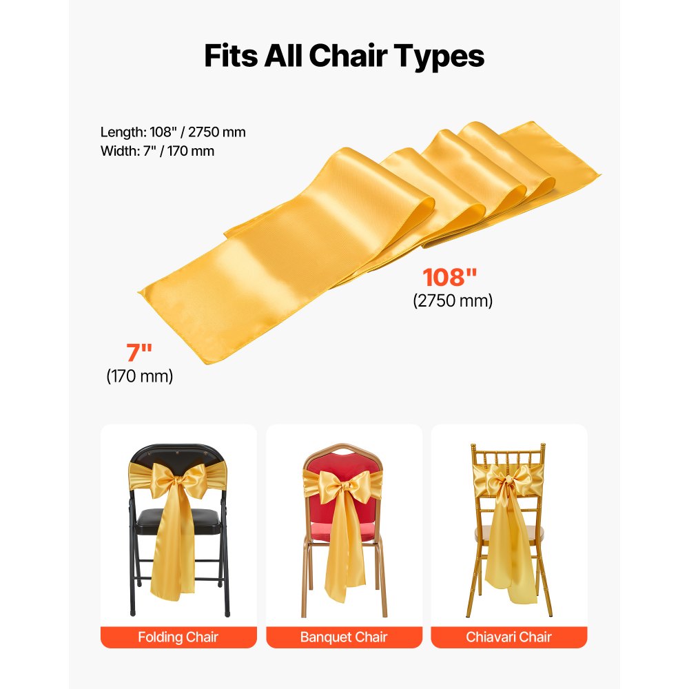 VEVOR Satin Chair Sashes Bows, 100PCS Chair Ribbon Ties Back Sash, 7 x 108 inch, Gold Wedding Reception Decoration, for Wedding Ceremony Baby Shower Party Events Banquet Chair Cover Decoration