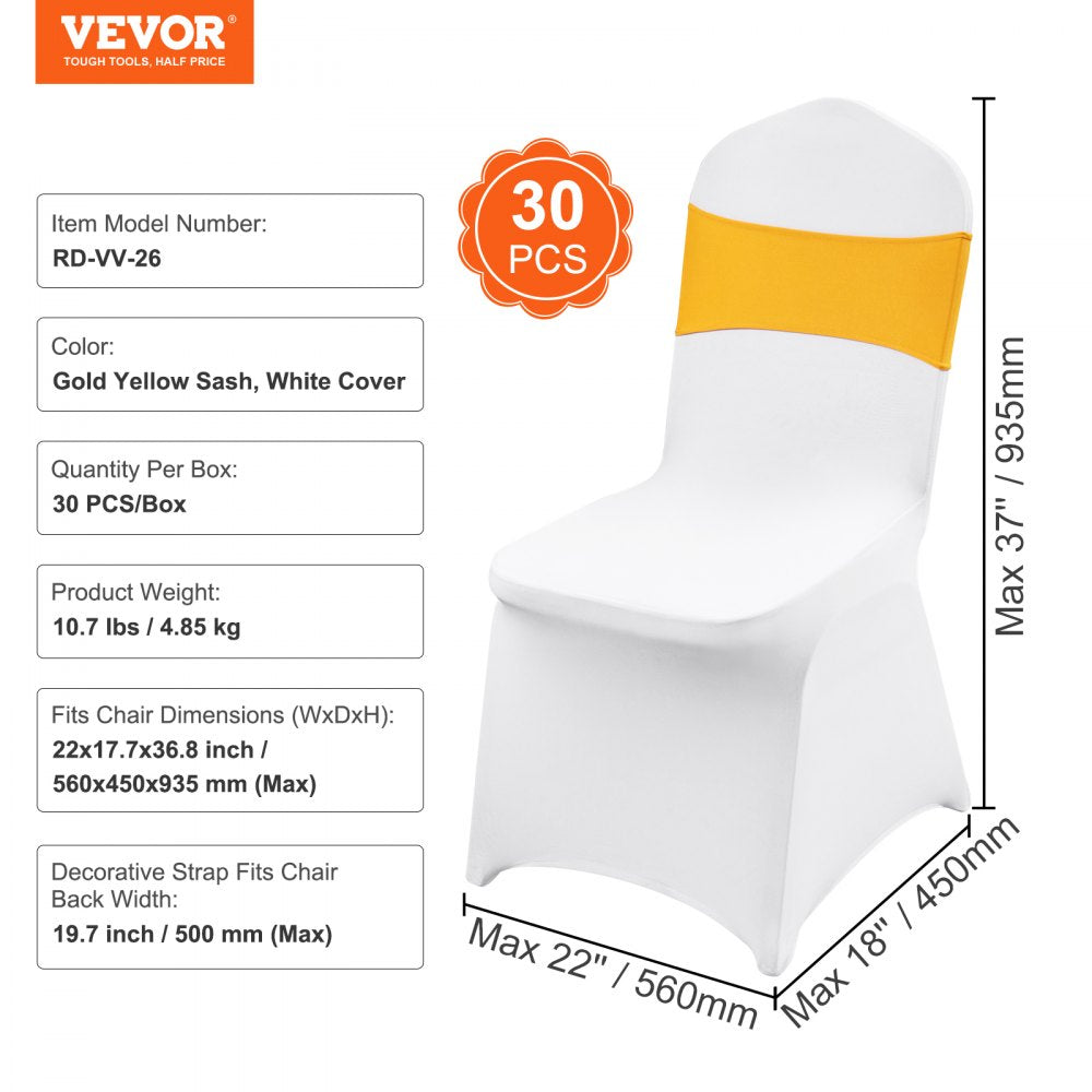 VEVOR Stretch Spandex Folding Chair Covers, Universal Fitted Chair Cover with Chair Sashes, Removable Washable Protective Slipcovers, for Wedding, Holiday, Banquet, Party, Dining (30 Set Gold & White)