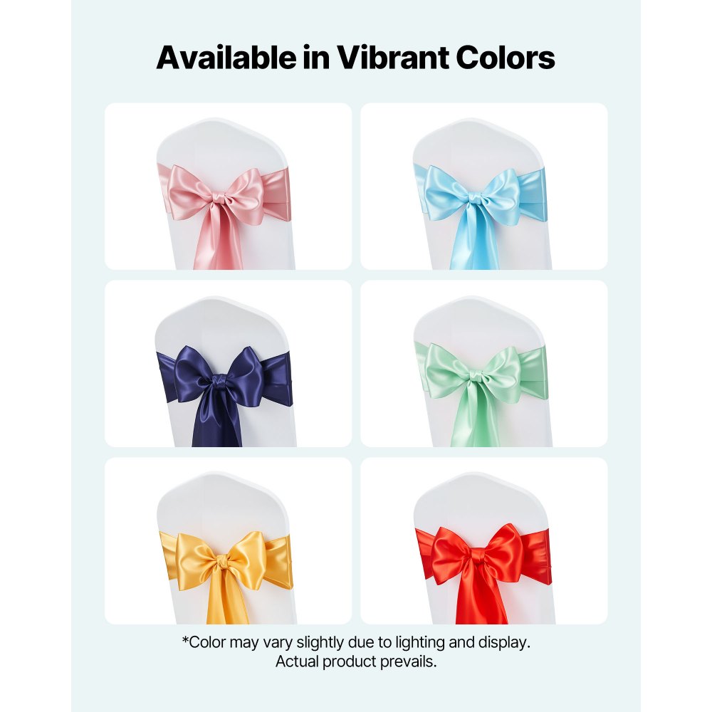 VEVOR Satin Chair Sashes Bows, 100PCS Chair Ribbon Ties Back Sash, 7 x 108 inch, Light Blue Wedding Reception Decoration, for Wedding Ceremony Baby Shower Party Events Banquet Chair Cover Decoration