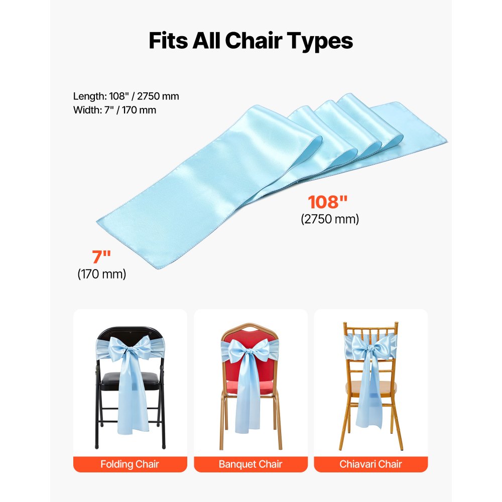 VEVOR Satin Chair Sashes Bows, 100PCS Chair Ribbon Ties Back Sash, 7 x 108 inch, Light Blue Wedding Reception Decoration, for Wedding Ceremony Baby Shower Party Events Banquet Chair Cover Decoration