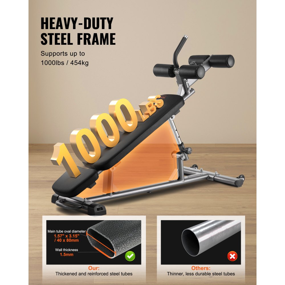 VEVOR Sit Up Bench, Decline Ab Bench with Reverse Crunch Handle, with 4 Adjustable Height Settings, Heavy Duty Steel, 1000 Lbs Capacity, for Home Gym Workouts, Strength Training, Full Body Muscles
