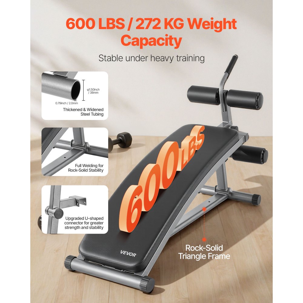 VEVOR Sit Up Bench, Curved Decline Ab Bench with Reverse Crunch Handle, with 6 Adjustable Height Setting, Heavy Duty Steel, 600 Lbs Capacity for Home Gym Workouts, Strength Training, Full Body Muscles