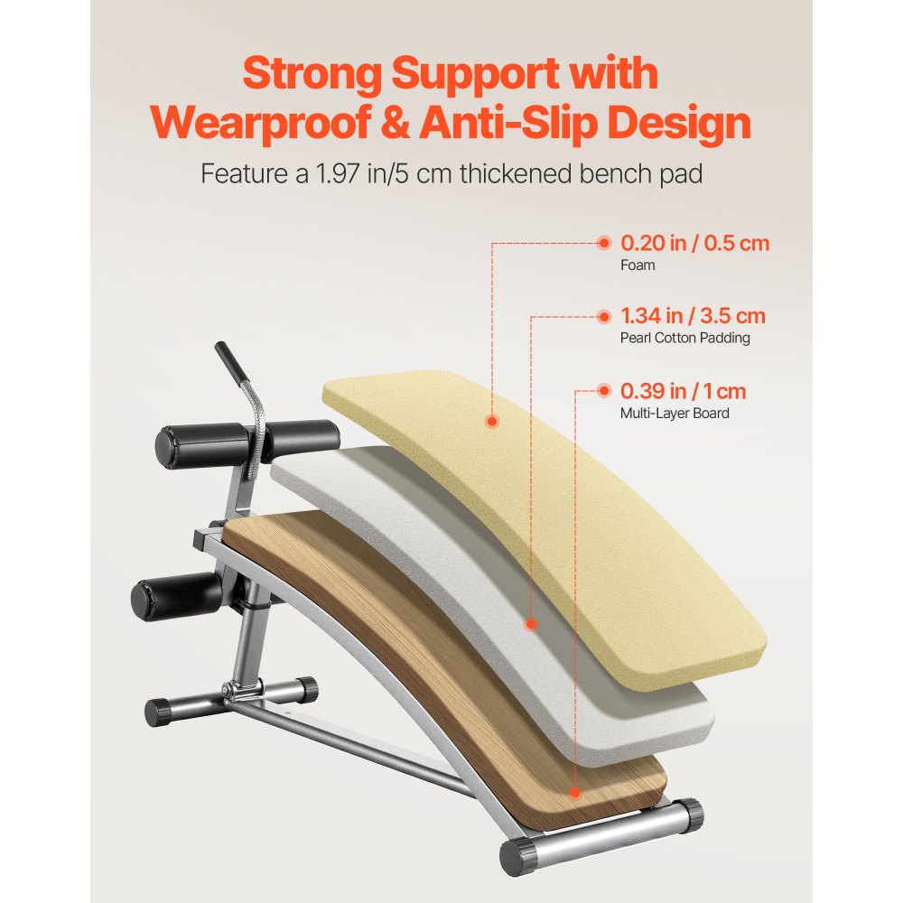 VEVOR Sit Up Bench, Curved Decline Ab Bench with Reverse Crunch Handle, with 6 Adjustable Height Setting, Heavy Duty Steel, 600 Lbs Capacity for Home Gym Workouts, Strength Training, Full Body Muscles