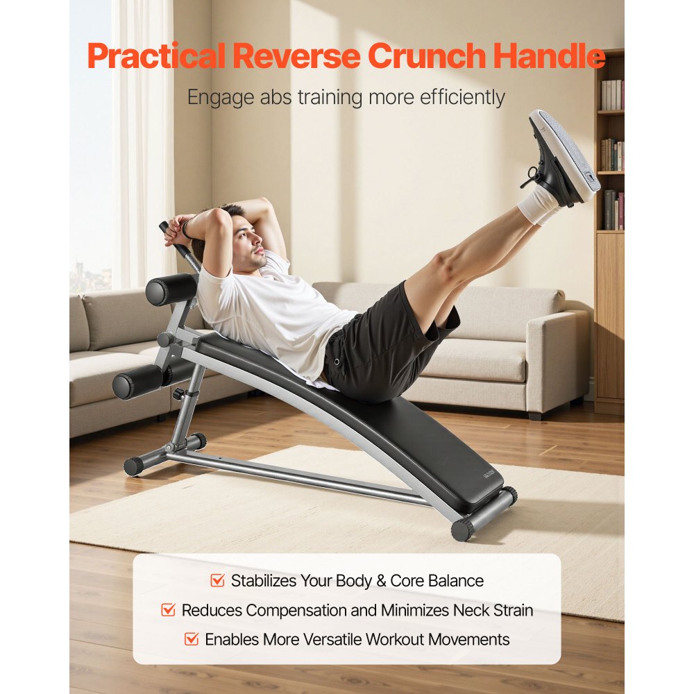 VEVOR Sit Up Bench, Curved Decline Ab Bench with Reverse Crunch Handle, with 6 Adjustable Height Setting, Heavy Duty Steel, 600 Lbs Capacity for Home Gym Workouts, Strength Training, Full Body Muscles