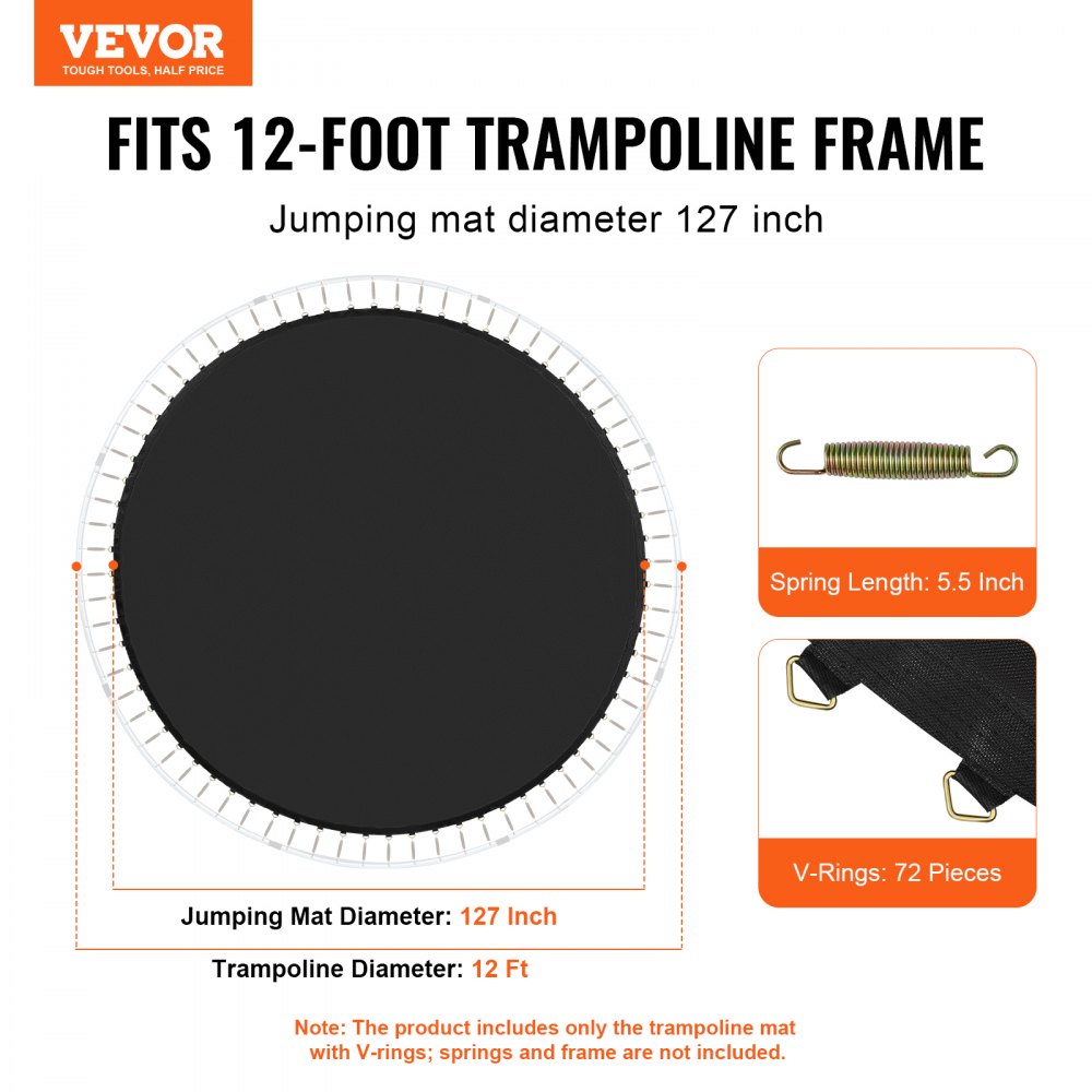 VEVOR Replacement Trampoline Mat, Jumping Mat Fits 12ft Frame, Universal Jumping Mat for 12ft Round Trampoline, Reinforce UV-Resistant Mat with Spring Tool & Durable V-Rings, Fit 5.5" Spring Length