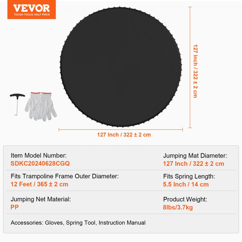 VEVOR Replacement Trampoline Mat, Jumping Mat Fits 12ft Frame, Universal Jumping Mat for 12ft Round Trampoline, Reinforce UV-Resistant Mat with Spring Tool & Durable V-Rings, Fit 5.5" Spring Length