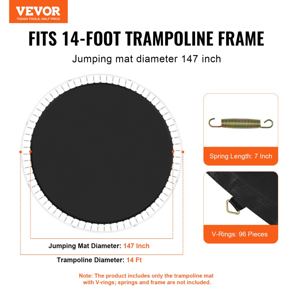 VEVOR Replacement Trampoline Mat, Jumping Mat Fits 14ft Frame, Universal Jumping Mat for 14ft Round Trampoline, Reinforce UV-Resistant Mat with Spring Tool & Durable V-Rings, Fit 7" Spring Length