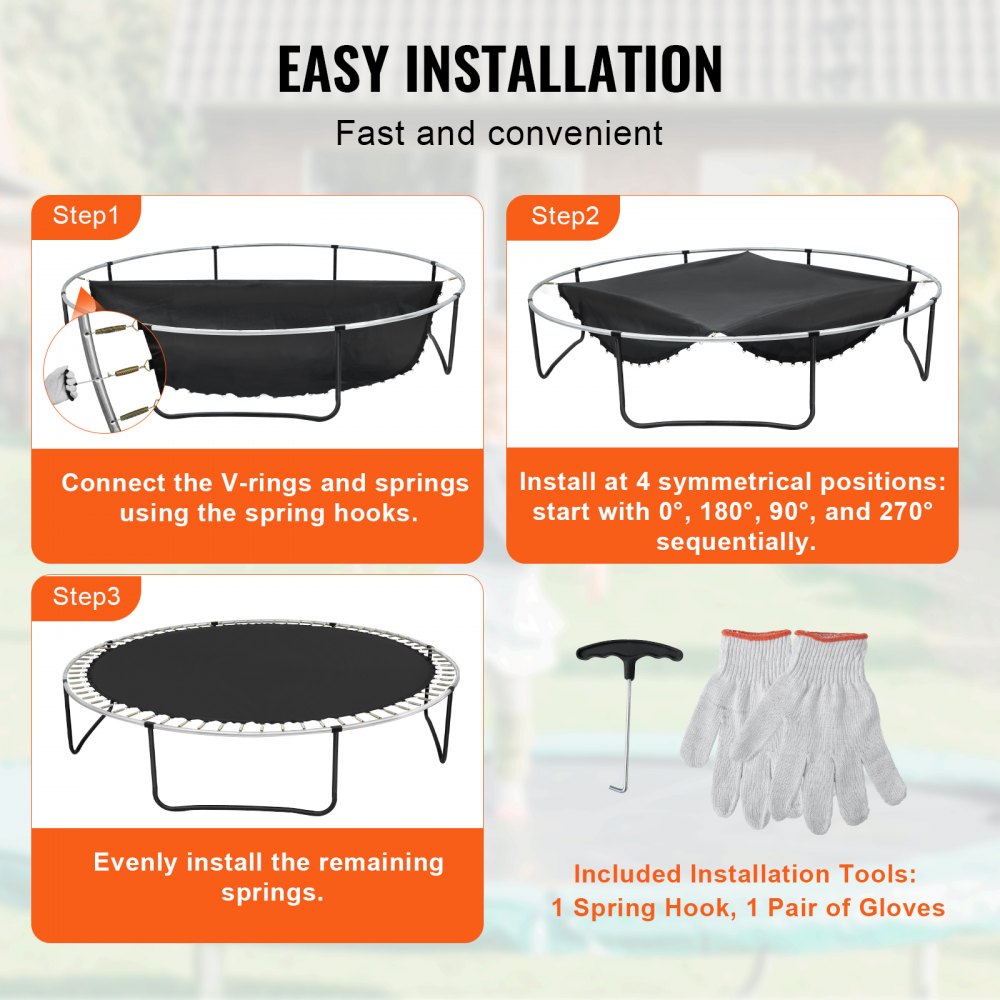 VEVOR Replacement Trampoline Mat, Jumping Mat Fits 15ft Frame, Universal Jumping Mat for 15ft Round Trampoline, Reinforce UV-Resistant Mat with Spring Tool & Durable V-Rings, Fit 7" Spring Length