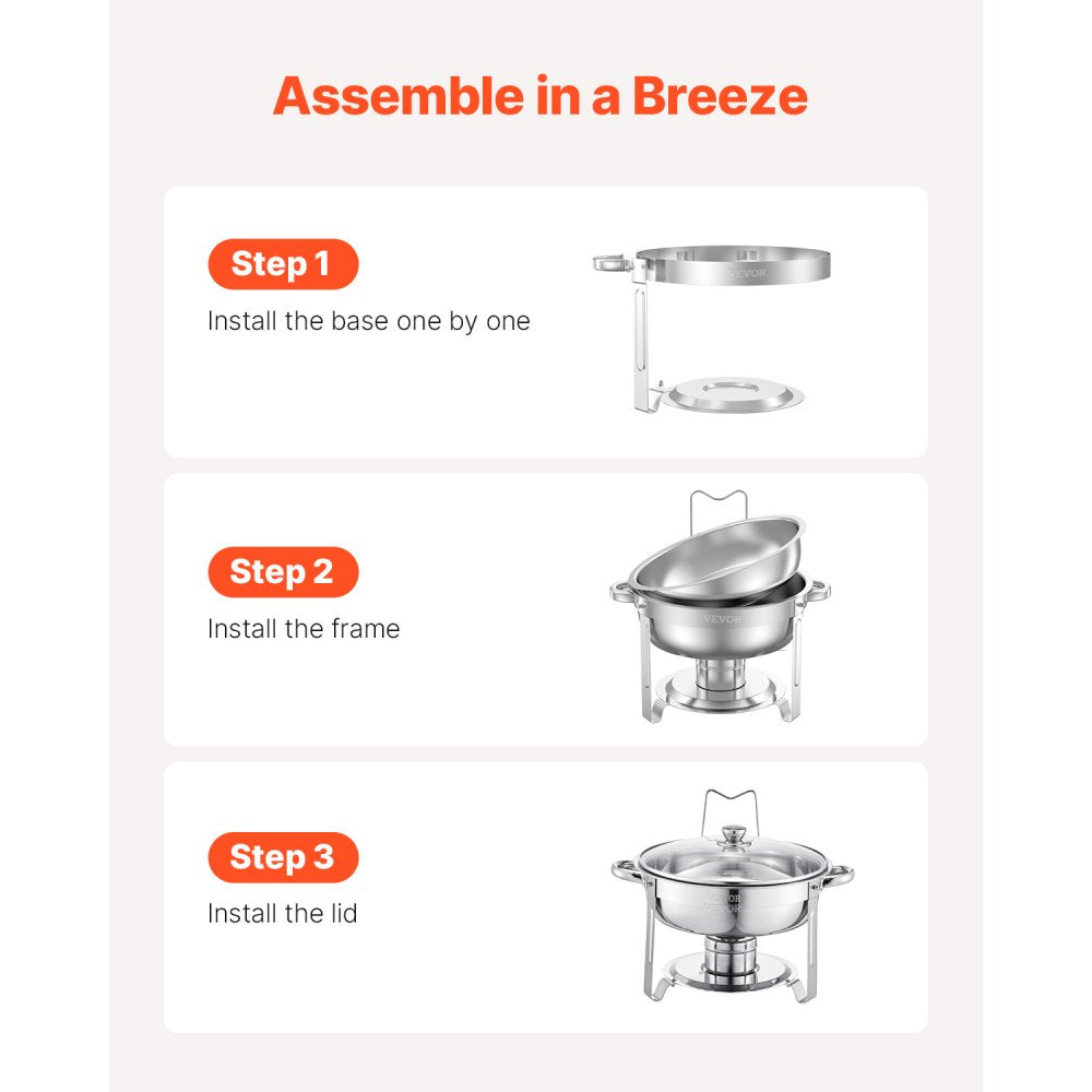 VEVOR Chafing Dish Buffet Set, 5 Qt 2 Pack, Stainless Steel Chafer with 2 Full Size Pan, Round Catering Warmer Server with Glass Lid Water Pan Folding Stand Fuel Holder, for Wedding Party Banquet, Silver