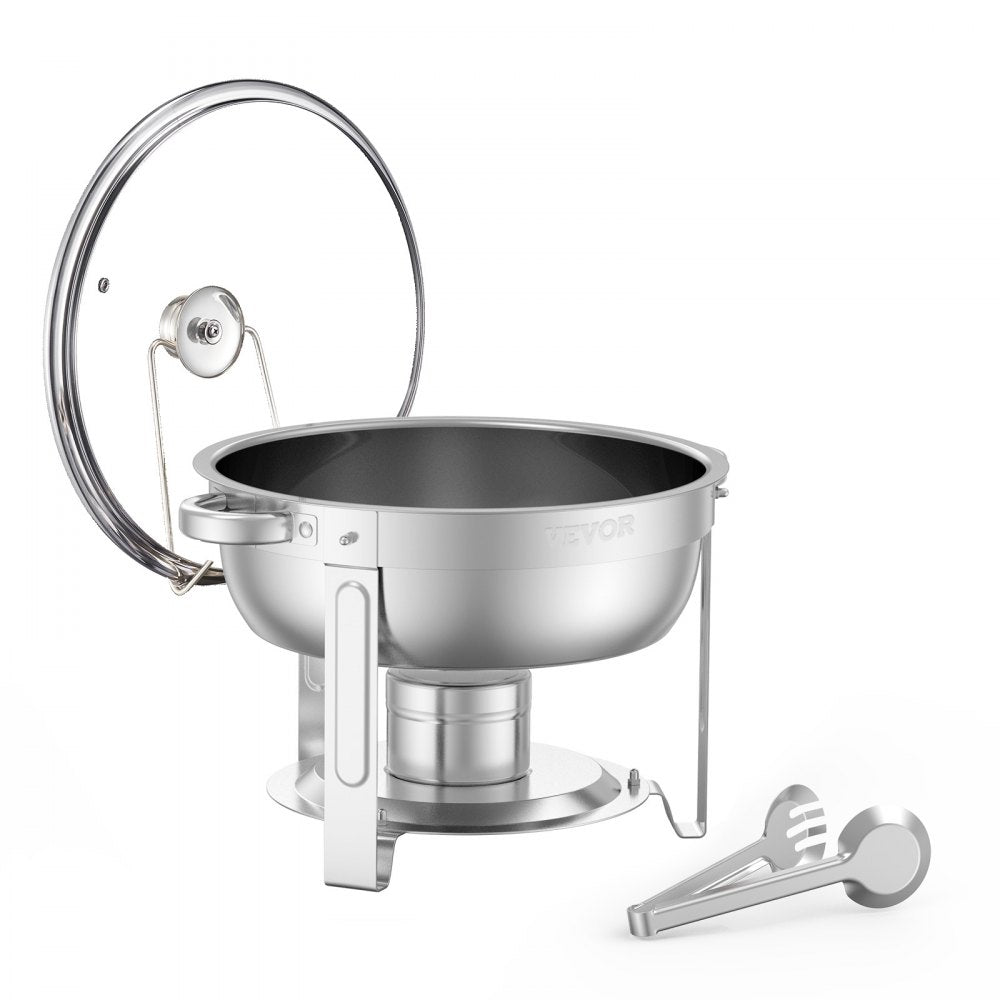 VEVOR Chafing Dish Buffet Set, 5 Qt 2 Pack, Stainless Steel Chafer with 2 Full Size Pan, Round Catering Warmer Server with Glass Lid Water Pan Folding Stand Fuel Holder, for Wedding Party Banquet, Silver