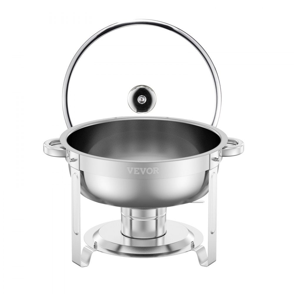 VEVOR Chafing Dish Buffet Set, 5 Qt 2 Pack, Stainless Steel Chafer with 2 Full Size Pan, Round Catering Warmer Server with Glass Lid Water Pan Folding Stand Fuel Holder, for Wedding Party Banquet, Silver
