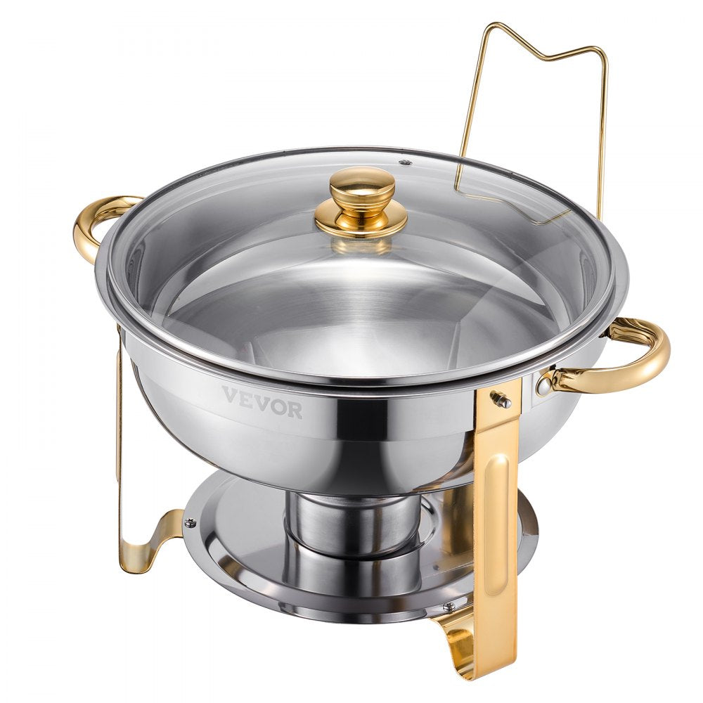 VEVOR Chafing Dish Buffet Set, 5 Qt 4 Pack, Stainless Steel Chafer with 4 Full Size Pan, Round Catering Warmer Server with Glass Lid Water Pan Folding Stand Fuel Holder, for Wedding Party Banquet, Gold